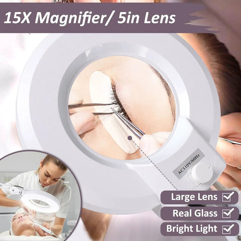 Super Bright 2,200 Lumens LED Magnifying Glass With Light And Stand, showing close-up of use for eyelash extensions with loupe magnifier.