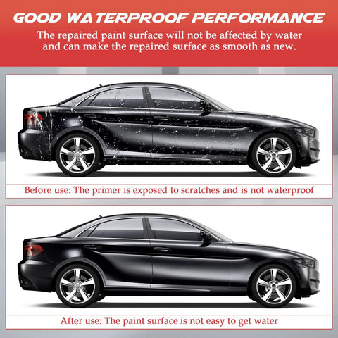 Before and after image of car showing scratch repair effect using 3 Pack Car Scratch Repair Pens Set For Quick Touch Ups That Blend Right Into Your Paint.