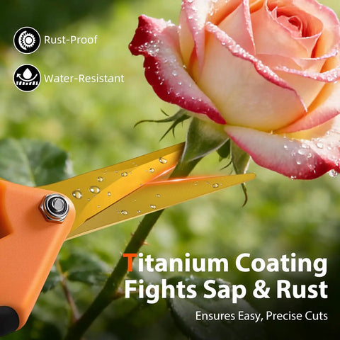 Two Piece Pruning Set With 8.5 Inch Bypass Pruner And 6.5 Inch Precision Snips For Yard Work, Sharp SK5 Steel Blades. Close-up on snips cutting flower.