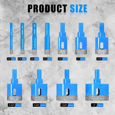 Straight Shooter 11 Piece Diamond Hole Saw Kit With Serrated Brazed Drill Bits Eva Guide Jig And Rugged Carry Case showing sizes of bits on a gray surface.