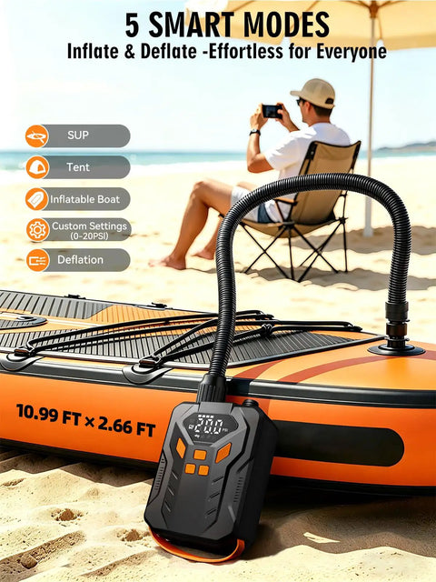 Electric Paddle Board Pump With Dual Stage Inflation 20 PSI High Pressure Rechargeable SUP Pump beside an inflatable board on beach