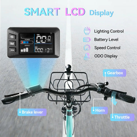 Dope City Cruiser Electric Bike With 24 Inch Wheel Peak 1000W Motor handlebar with LCD display and control features