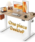 Upgrade Your Home Office With This CubiCubi 55 X 28 Electric One Piece Standing Desk In Rich Maple Finish, featuring dual monitors and accessories.