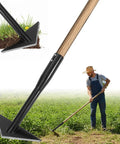 6 Inch Wide Triangle Hoe With 60 Inch Wood Handle Scuffle Hoe For Quick Weeding And Cultivation Beefy Steel Triangle Head Garden Tool For Beds Borders And Lawn Care displayed in use on a lawn with user in background