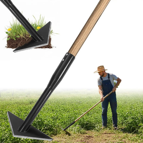 6 Inch Wide Triangle Hoe With 60 Inch Wood Handle Scuffle Hoe For Quick Weeding And Cultivation Beefy Steel Triangle Head Garden Tool For Beds Borders And Lawn Care displayed in use on a lawn with user in background