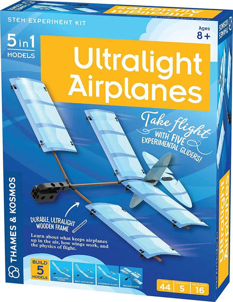 Ultralight Airplane STEM Kit box showing images of gliders with bamboo and plastic parts for ages 8 plus flight experiments.