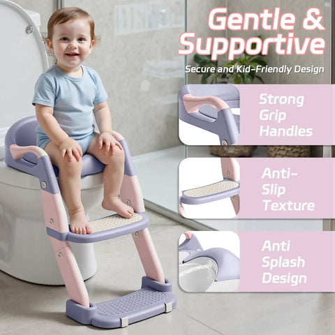 Game Changing 3-In-1 Toddler Potty Training Seat And Foldable Potty Chair With Step Stool, Adjustable Height For Little Champs, No Fuss Cleanup, Ultra Comfy Bathroom Helper Pink Purple