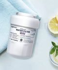 GE MWF Refrigerator Water Filter Cartridge With Dope Filtration And Advanced Filtration on blue towel next to lemon slices