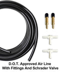 MILLISEC air line kit: black DOT-approved air line coil with two brass Schrader valves and two white plastic T fittings.