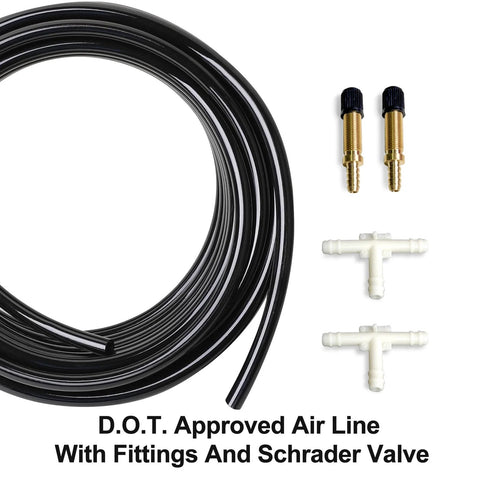 MILLISEC air line kit: black DOT-approved air line coil with two brass Schrader valves and two white plastic T fittings.