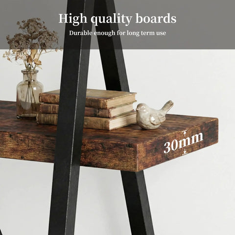 Close-up of Dope Rustic Industrial 67 Inch Bookcase with metal and wood shelf, books, vase, and bird ornament.