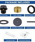 Package contents for Oil Rubbed Bronze Brass Tub Drain Kit With Overflow, including parts and instruction manual.