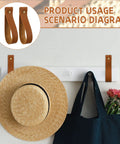 8 Piece Hella Durable Premium Leather Wall Hooks With Solid Brass Screws For Heavy Duty Curtain Hanging And Super Slick Bathroom Storage Essentials on wall with hat and bag.