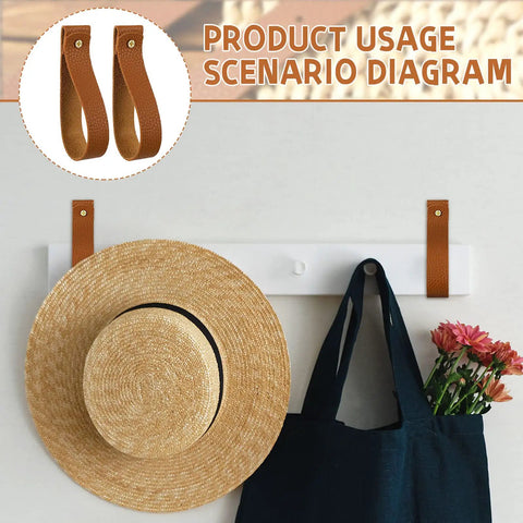 8 Piece Hella Durable Premium Leather Wall Hooks With Solid Brass Screws For Heavy Duty Curtain Hanging And Super Slick Bathroom Storage Essentials on wall with hat and bag.
