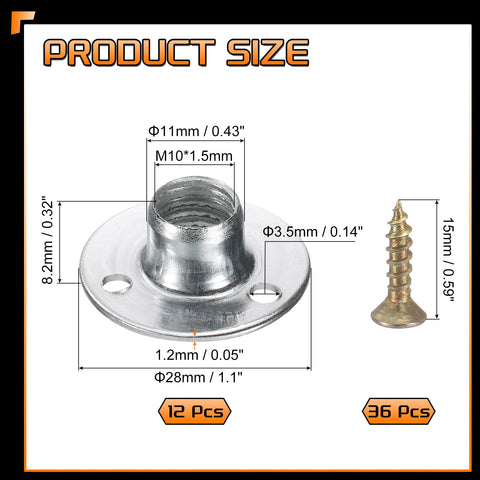 Premium M10 Tee Nuts With Included Screws And Galvanized Steel Round Base Flange Inserts for furniture builds, showing size details.