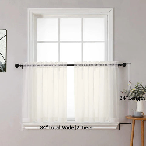 Sheer Curtain Tiers 2 Piece Set, Light Filtering Voile Window Curtains 42W X 24L Inches, Rod Pocket, Ivory on window