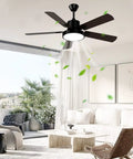 52 Inch Ceiling Fan With Light And Remote For Indoor Outdoor Use, matte black finish, aged walnut blades in modern living room.
