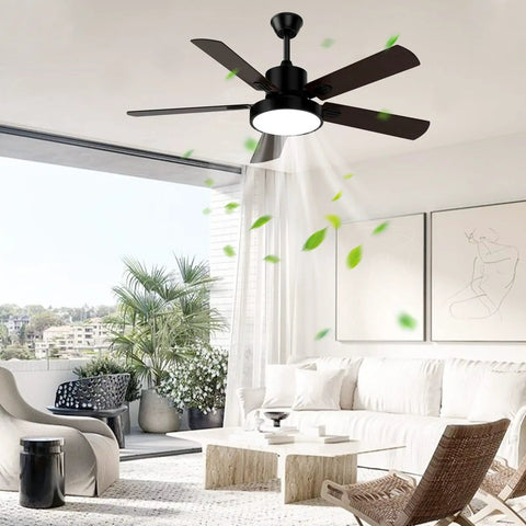 52 Inch Ceiling Fan With Light And Remote For Indoor Outdoor Use, matte black finish, aged walnut blades in modern living room.