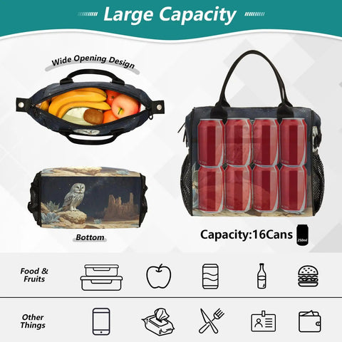 Owl Desert Landscape Insulated Lunch Bag for Women Large Leakproof Portable Cooler showing fruit and 16-can capacity