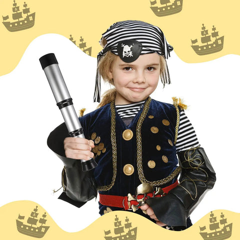Two Piece Pirate Telescope Spyglass Toy Set For Kids Kid Friendly Vintage Mini Pirate Binoculars In Silver And Gold Perfect For Party Favors Halloween Decor Imaginative Play And Gift Bags. Kid in pirate costume holding silver ABS spyglass