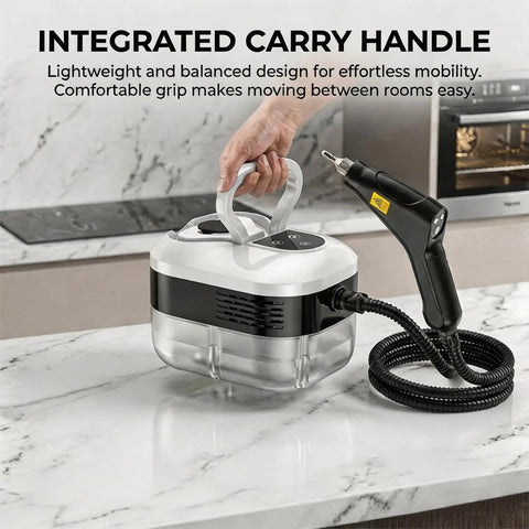 Heavy Duty Handheld Steam Cleaner With 1200ML Tank That Slays Grease And Sticky Buildup On Kitchens Bathrooms And Car Interiors Smooth Cleanup Guaranteed Every Time with integrated carry handle.