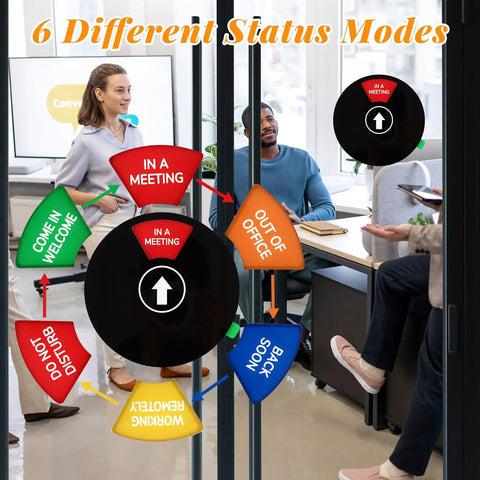Six Color Coded 6 Inch Black Round Door Sign For Your Work Space Privacy With In A Meeting status shown in an office