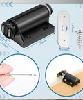 Zero Hassle Heavy Duty Magnetic Push To Open Cabinet Latches With Complete Hardware Kit For Drawers Closets Pantries Straight Up Smooth Pop Out Touch Catch Black close-up showing sizes and components.