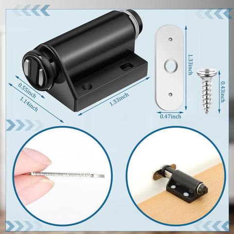 Zero Hassle Heavy Duty Magnetic Push To Open Cabinet Latches With Complete Hardware Kit For Drawers Closets Pantries Straight Up Smooth Pop Out Touch Catch Black close-up showing sizes and components.