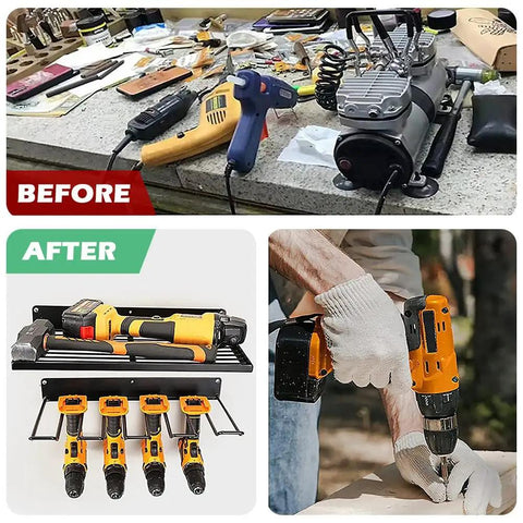 Heavy Duty Power Tool Organizer Rack With Two Levels And Four Cordless Drill Holders, Space Saving Wall Mount Shelf