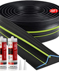 Universal Garage Door Threshold Seal Kit 20Ft With Bottom Waterproof Rubber Weather Stripping Replacement In Green Keeps Water, Wind, Dirt Out, Easy DIY Install With 2 Adhesive Strips displayed with silicone sealant tubes.