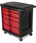 Mobile Tool Work Center On Wheels With 5 Drawers And 250 LB Capacity Built From High Density Structural Foam For Rugged Rust Proof Durability In Warehouse Garage And Maintenance Tasks Plus A Bright Red Locking Cabinet, front view
