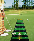 Golfer using Ten Foot By Twenty Inch Golf Putting Green Mat With Multi Distance Markers Anti Slip Backing Indoor Outdoor Training Aid