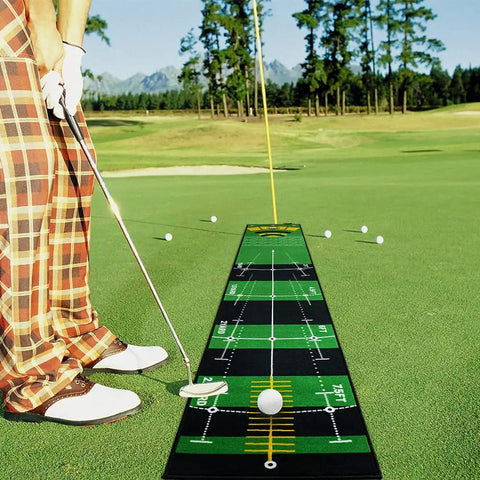 Golfer using Ten Foot By Twenty Inch Golf Putting Green Mat With Multi Distance Markers Anti Slip Backing Indoor Outdoor Training Aid