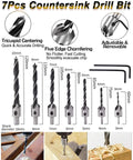 7 piece countersink drill bit set with various sizes, includes L wrenches, for woodworking and precise drilling.
