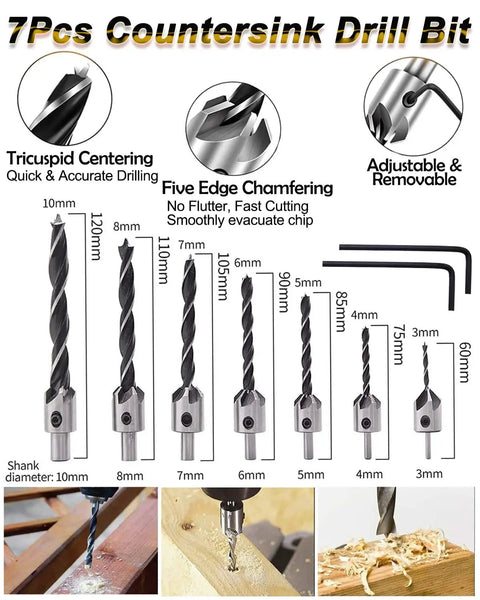 7 piece countersink drill bit set with various sizes, includes L wrenches, for woodworking and precise drilling.
