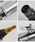 Close-up of Pro Grade 1/4 Inch Air Angle Die Grinder With Built In Regulator And Variable Speed Throttle connector and nozzle.