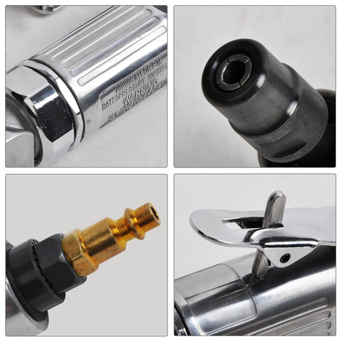 Close-up of Pro Grade 1/4 Inch Air Angle Die Grinder With Built In Regulator And Variable Speed Throttle connector and nozzle.
