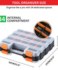 Grab And Go 34 Compartment Double Sided Tool Organizer Case With Removable Dividers For Screws Nuts Bolts Nails And Small Parts Orange Plastic Storage Box For Garage Or Workshop Portable Durable And Easy To Customize shown with dimensions