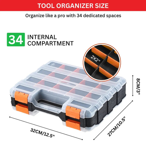 Grab And Go 34 Compartment Double Sided Tool Organizer Case With Removable Dividers For Screws Nuts Bolts Nails And Small Parts Orange Plastic Storage Box For Garage Or Workshop Portable Durable And Easy To Customize shown with dimensions