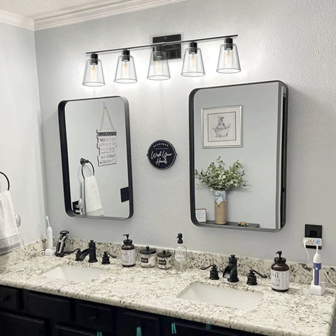 Five Light Matte Black Bathroom Vanity Light Fixtures Over Mirror 32.68 Inch Modern Vanity Lights With Clear Glass Shades E26 Base Farmhouse Industrial Wall Sconces Excludes Bulbs over double sinks in bathroom