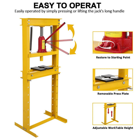 Dead Serious 12 Ton Hydraulic H Frame Shop Press With No Sweat Adjustable Table showing operation features and adjustable height.
