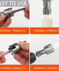 Integrated Internal And External Pipe Threading Tool For One Half Inch And Three Quarter Inch PVC Pipes, Pro Grade Quick And Easy Thread Cutter For Electric Drill, All In One PVC Thread Maker Tool With Precise Cutting And Durable Build used for threading PVC pipe.