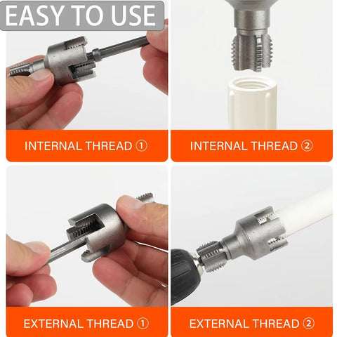 Integrated Internal And External Pipe Threading Tool For One Half Inch And Three Quarter Inch PVC Pipes, Pro Grade Quick And Easy Thread Cutter For Electric Drill, All In One PVC Thread Maker Tool With Precise Cutting And Durable Build used for threading PVC pipe.