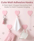 Cute Super Sweet Pink Heart Wall Hooks 10 Pack Adhesive Hangars for light items like keys, towels, and bags.