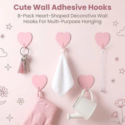 Cute Super Sweet Pink Heart Wall Hooks 10 Pack Adhesive Hangars for light items like keys, towels, and bags.