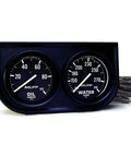 Auto Meter Autogage black dual oil pressure and water temperature gauges in a steel console, 2.3125 in
