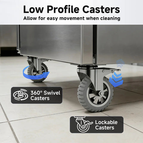 Close-up of low profile casters on Top Shelf Commercial Fridge And Freezer Combo With Wifi Smart Control for easy movement.