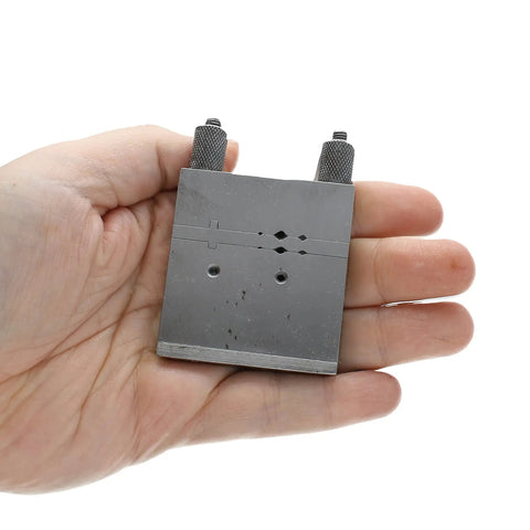 Swiss Style Miter Cutting Vise Jig For Metalworking, Solid Steel Build, 2.75 By 2 Inches shown on open palm