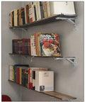 Rock Solid Folding Shelf Brackets Slick 304 Stainless Steel Floating Shelves Corner Supports holding books on sturdy wall-mounted shelves.