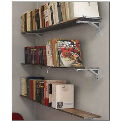 Rock Solid Folding Shelf Brackets Slick 304 Stainless Steel Floating Shelves Corner Supports holding books on sturdy wall-mounted shelves.
